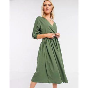 ASOS Midi Smock Wrap Dress in Khaki Green, US 2